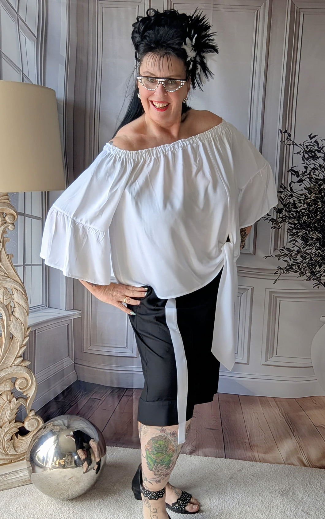CNG Baumwoll Set mit Carmenbluse und Longshort bis Größe 56/58 in Schwarz Weiss