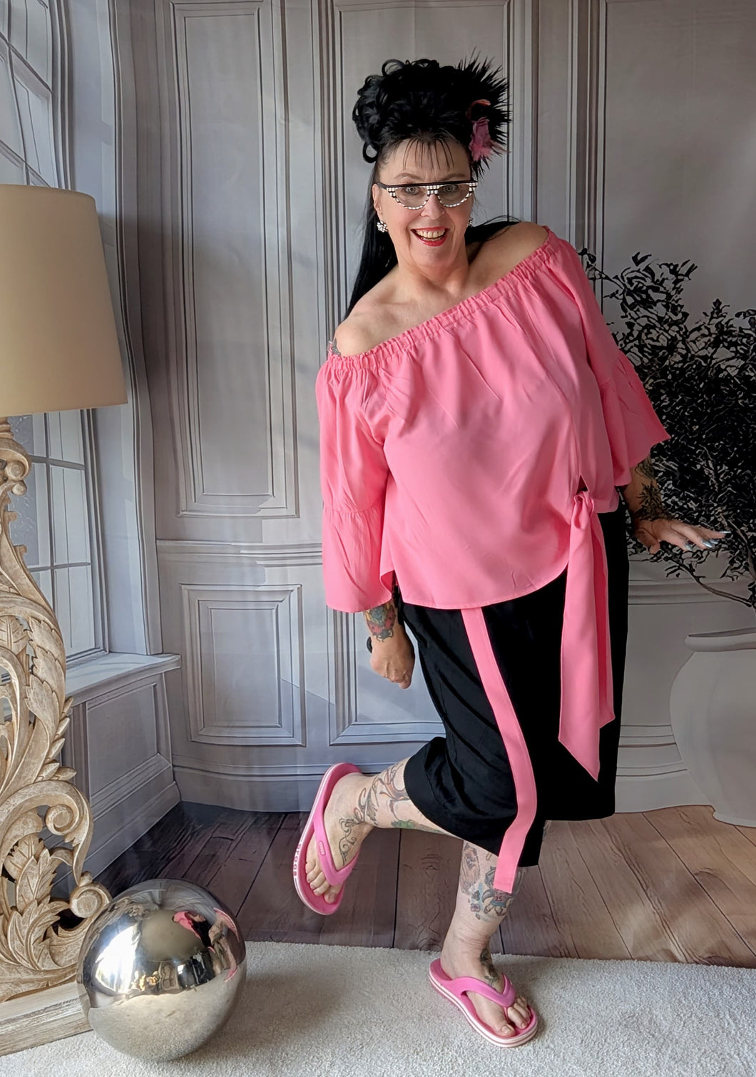 CNG Baumwoll Set mit Carmenbluse und Longshort bis Größe 56/58 in Rosa Schwarz