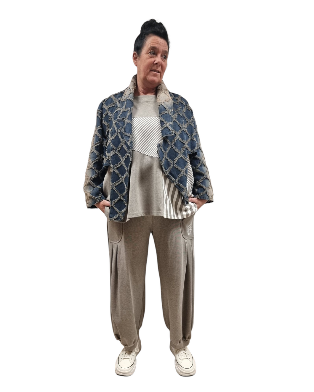 H4 Jeansjacke kurz Gr 36 bis 60 mit erhabener Haptik und Mini Fransen