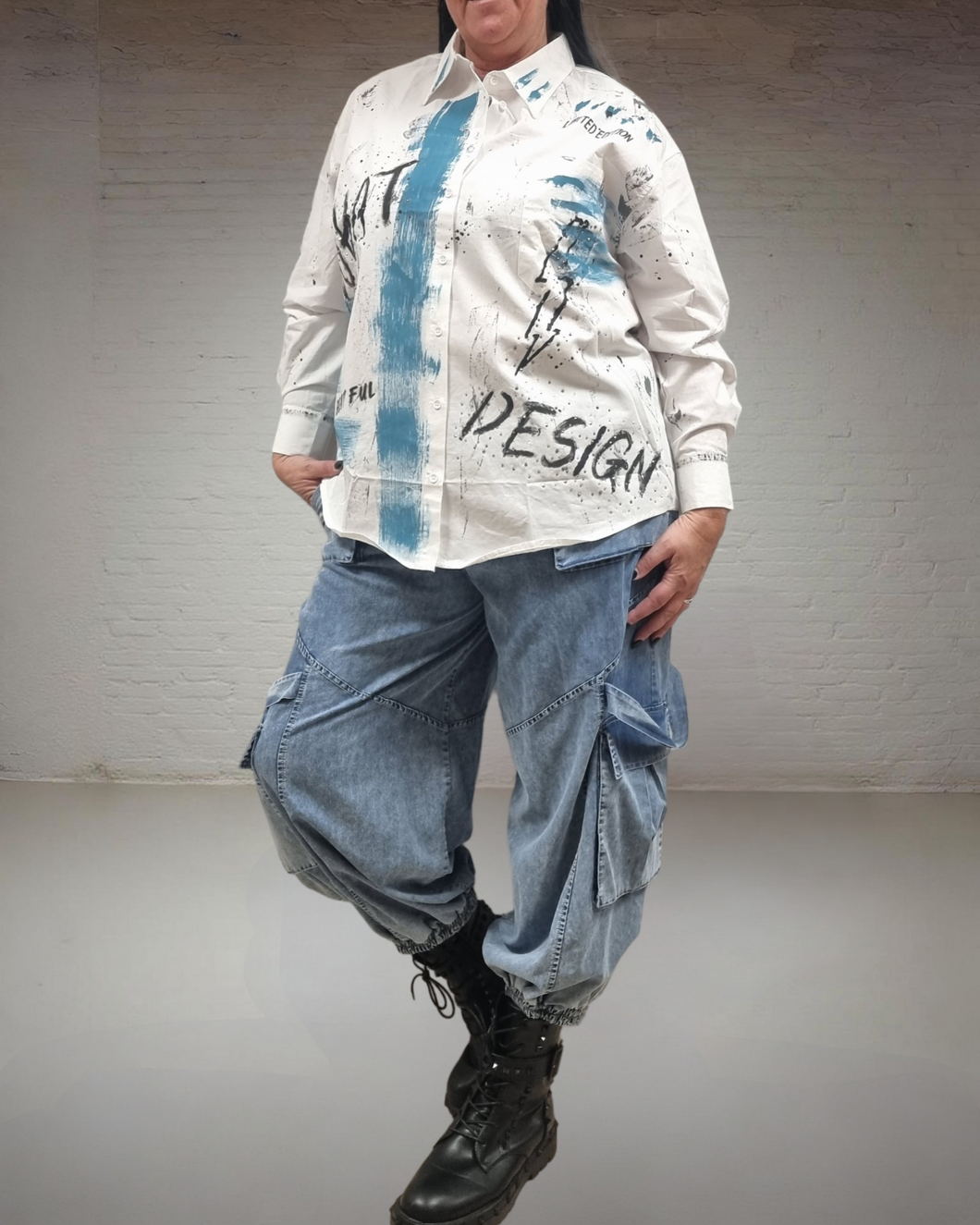 Redesign Bluse mit Strass in Weiss Blau Größe 38 bis 54